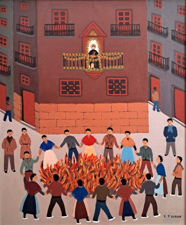23. Hoguera de San Antón en su emplazamiento original. Pintura de Enriqueta Trullenque Durán, 1982. Colección particular.